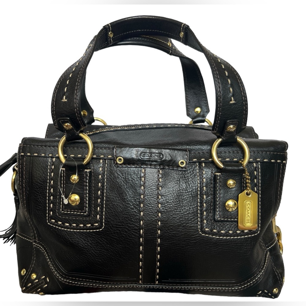 Coach Black Leather Satchel with Gold Accents